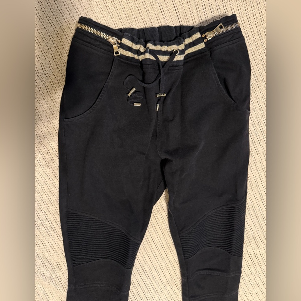Balmain drawstring black biker pants / jeans with gold zippers and accents